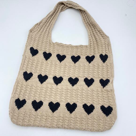 Unbranded Handbags - Tan Hearts Knit Over The Shoulder Tote Bag 14 x 12.5